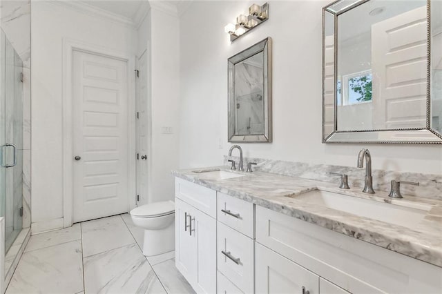 2321 Mehle St, Arabi, LA 70032 - full bathroom featuring a shower stall, toilet, crown molding, and a sink