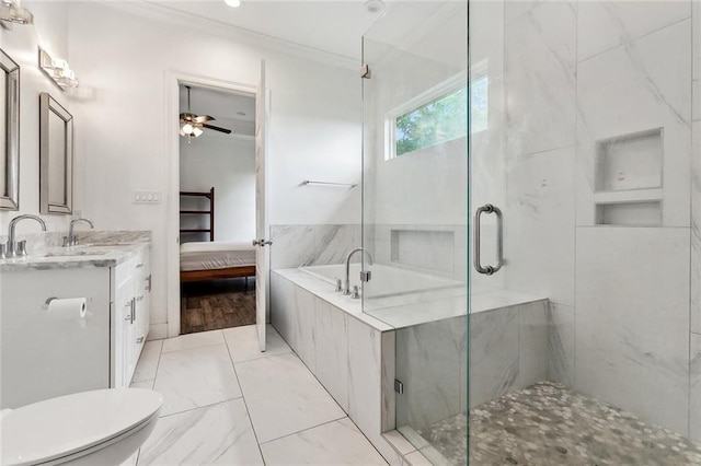 2321 Mehle St, Arabi, LA 70032 - ensuite bathroom with a stall shower, toilet, ornamental molding, vanity, and ensuite bath