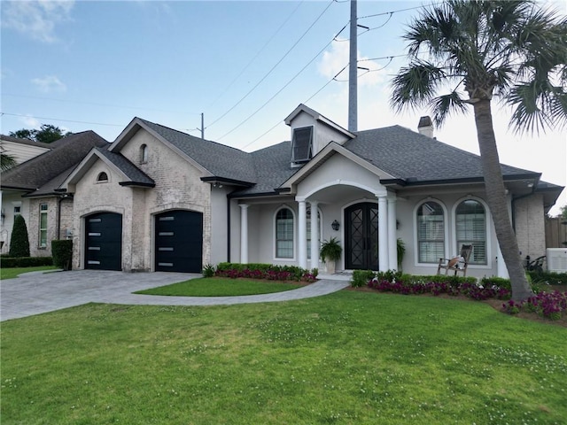 view of front facade featuring covered porch, a front lawn, driveway, and roof with shingles