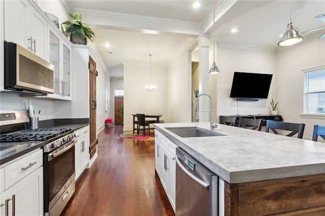 kitchen with dark wood-style floors, a sink, white cabinetry, appliances with stainless steel finishes, and an island with sink