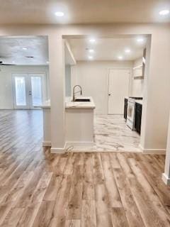 unfurnished living room featuring wood finished floors, a fireplace, baseboards, recessed lighting, and a sink