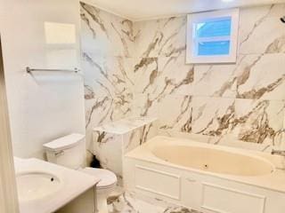 full bathroom with walk in shower, vanity, toilet, a bathtub, and marble finish floor
