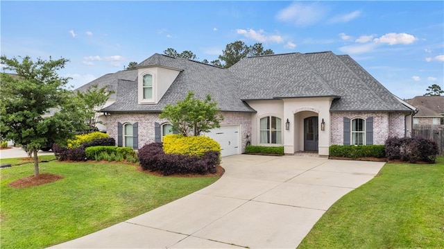 french country inspired facade with a front yard, driveway, a garage, and brick siding