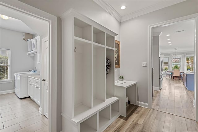 mudroom featuring light wood-style floors, recessed lighting, ornamental molding, and baseboards