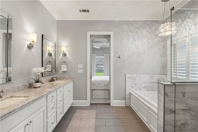 full bath featuring double vanity, ornamental molding, a bath, a sink, and visible vents