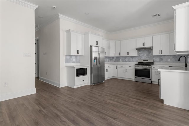 1704 Desire St, New Orleans, LA 70117 - kitchen with appliances with stainless steel finishes, a sink, light countertops, tasteful backsplash, and crown molding