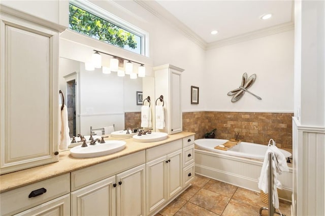 bathroom featuring double vanity, ornamental molding, a sink, and a garden tub