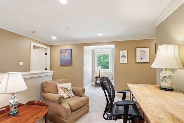 office area featuring baseboards, ornamental molding, recessed lighting, and light colored carpet