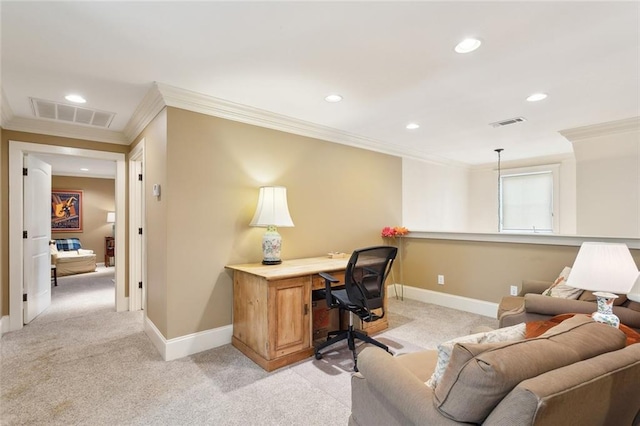 home office with crown molding, recessed lighting, light colored carpet, and visible vents