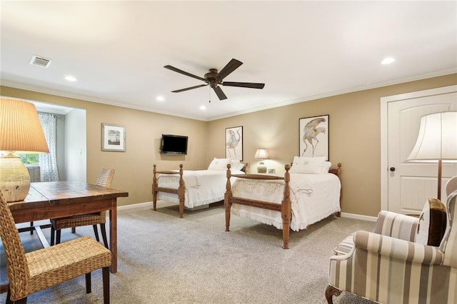 bedroom featuring crown molding, recessed lighting, baseboards, and visible vents