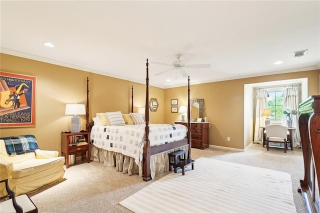 bedroom featuring visible vents, ornamental molding, and light colored carpet