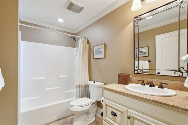 bathroom with crown molding, vanity, toilet, shower / tub combo, and visible vents