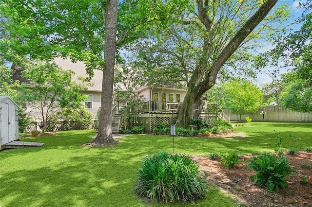 view of yard featuring a fenced backyard, a storage unit, an outbuilding, and a wooden deck