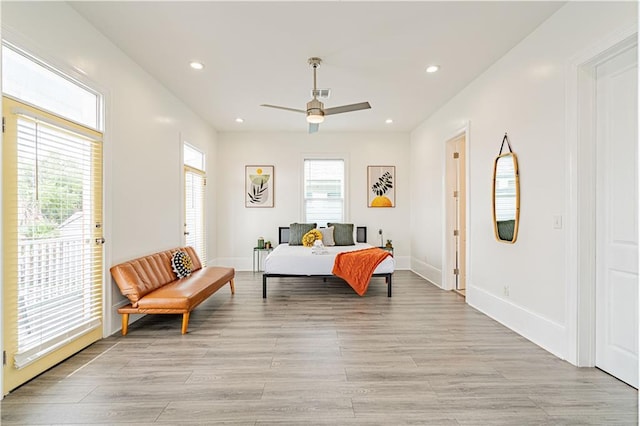 1379 Saint Anthony St, New Orleans, LA 70116 - bedroom with visible vents, baseboards, ceiling fan, light wood-type flooring, and recessed lighting