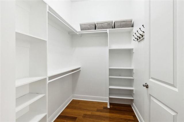 walk in closet with wood finished floors
