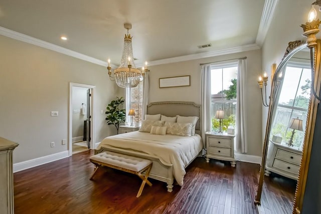 bedroom featuring visible vents, baseboards, an inviting chandelier, ornamental molding, and dark wood-type flooring