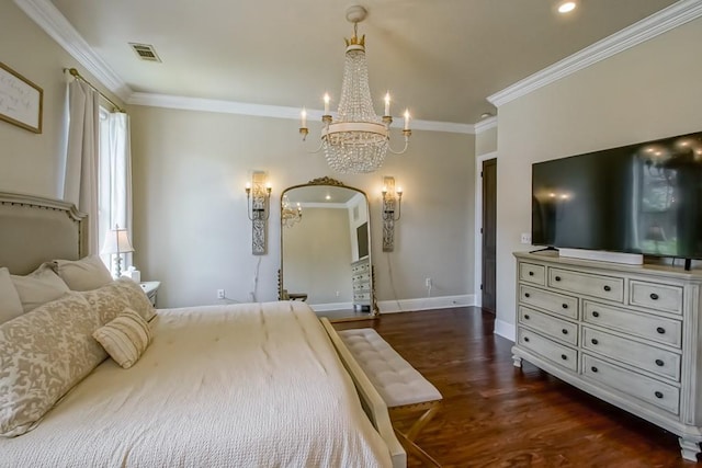 bedroom with visible vents, ornamental molding, baseboards, dark wood-type flooring, and a notable chandelier
