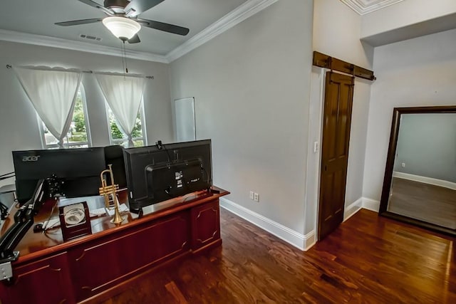 office area featuring visible vents, ornamental molding, wood finished floors, baseboards, and ceiling fan