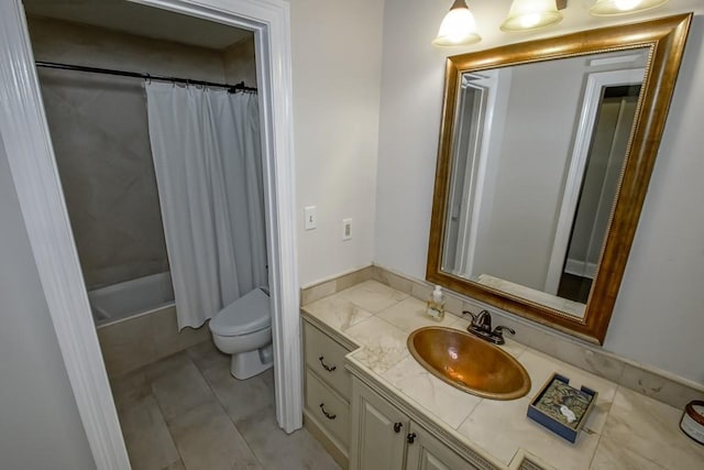 full bathroom with toilet, tile patterned flooring, shower / tub combo, and vanity