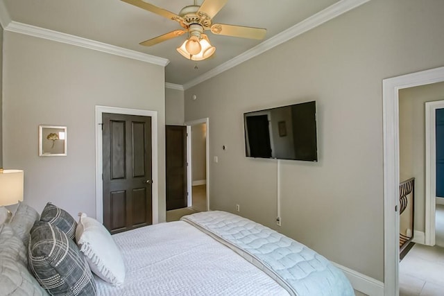 bedroom with baseboards, ornamental molding, and ceiling fan