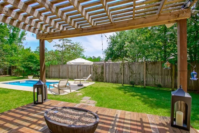 view of patio with a fenced in pool, a wooden deck, and a fenced backyard