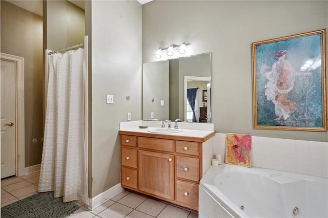 310 Orpheum Ave, Metairie, LA 70005 - bathroom with tile patterned flooring, vanity, a whirlpool tub, baseboards, and a shower with curtain