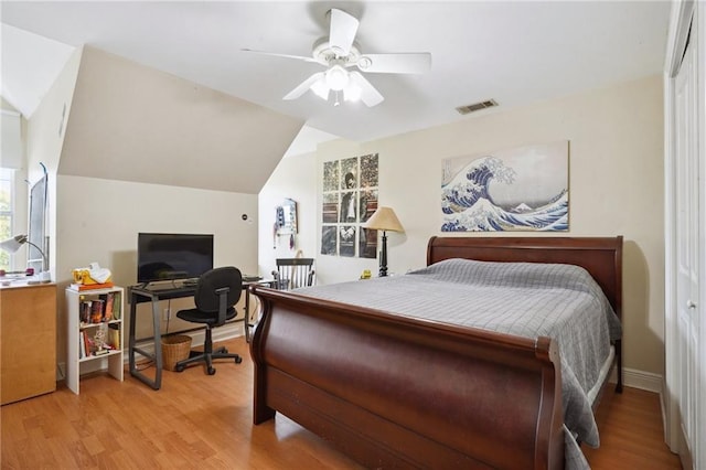 310 Orpheum Ave, Metairie, LA 70005 - bedroom featuring a ceiling fan, lofted ceiling, wood finished floors, and visible vents