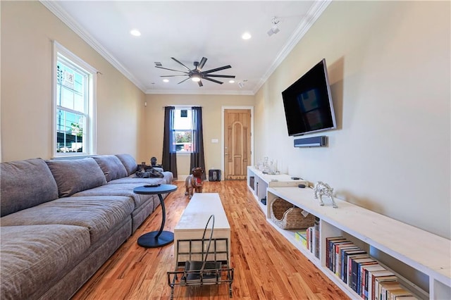 2608 Republic St, New Orleans, LA 70119 - living room featuring recessed lighting, light wood-style flooring, a ceiling fan, crown molding, and baseboards