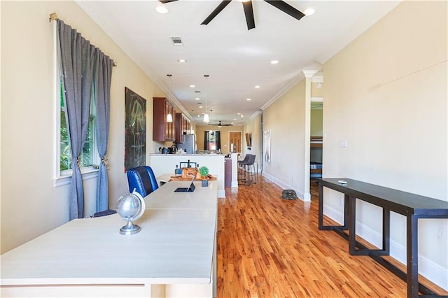 2608 Republic St, New Orleans, LA 70119 - unfurnished dining area featuring ceiling fan, ornamental molding, recessed lighting, light wood finished floors, and baseboards