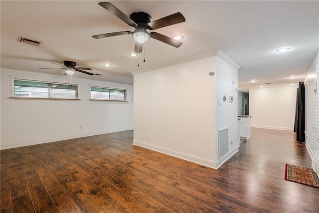 empty room featuring visible vents, wood finished floors, baseboards, recessed lighting, and a ceiling fan