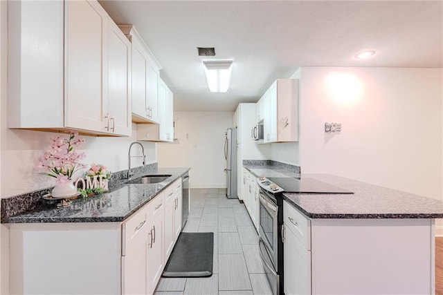 kitchen with appliances with stainless steel finishes, a sink, a peninsula, dark stone countertops, and white cabinetry