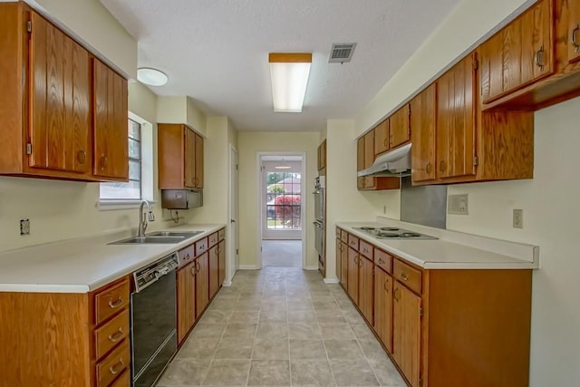 kitchen with a sink, white electric stovetop, dishwasher, light countertops, and under cabinet range hood