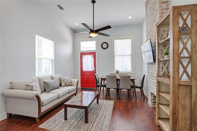 2430 Clara St, New Orleans, LA 70113 - living area featuring ceiling fan, dark wood-style floors, and recessed lighting