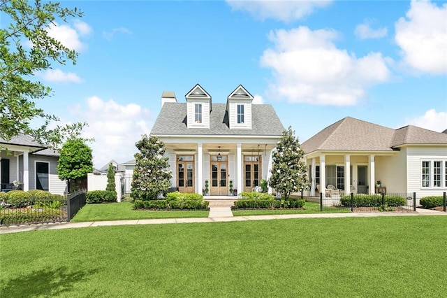 view of front of home featuring covered porch, french doors, a chimney, a front yard, and fence