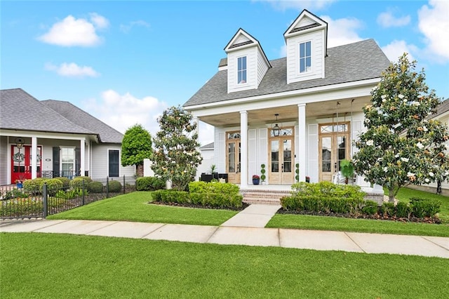 view of front of house with fence, roof with shingles, a porch, a front yard, and french doors