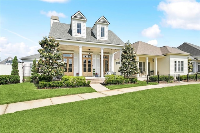 view of front of house with fence, roof with shingles, covered porch, and a front lawn
