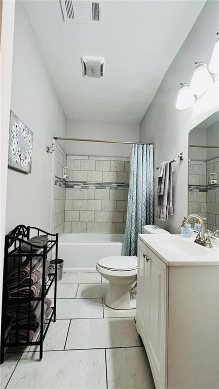 full bathroom with vanity, toilet, shower / bathtub combination with curtain, marble finish floor, and visible vents