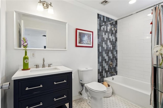 full bath with visible vents, tile patterned flooring, vanity, toilet, and shower / tub combo with curtain