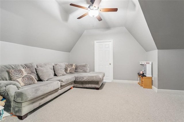 864 Sweet Bay Dr, Mandeville, LA 70448 - living room with carpet flooring, a ceiling fan, lofted ceiling, and baseboards