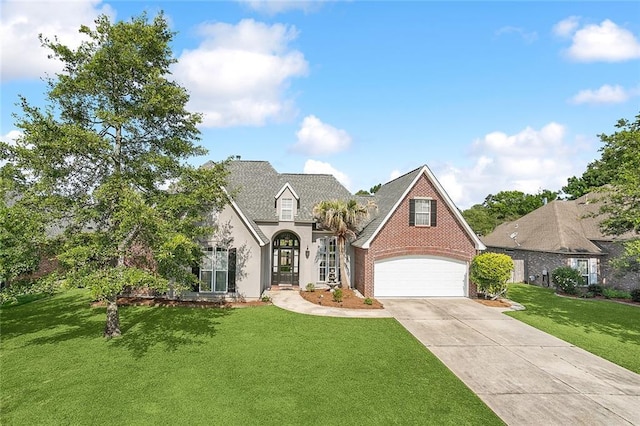 864 Sweet Bay Dr, Mandeville, LA 70448 - french provincial home featuring concrete driveway, a front lawn, brick siding, and stucco siding