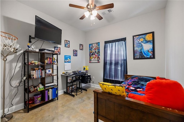 bedroom with baseboards, concrete flooring, visible vents, and ceiling fan