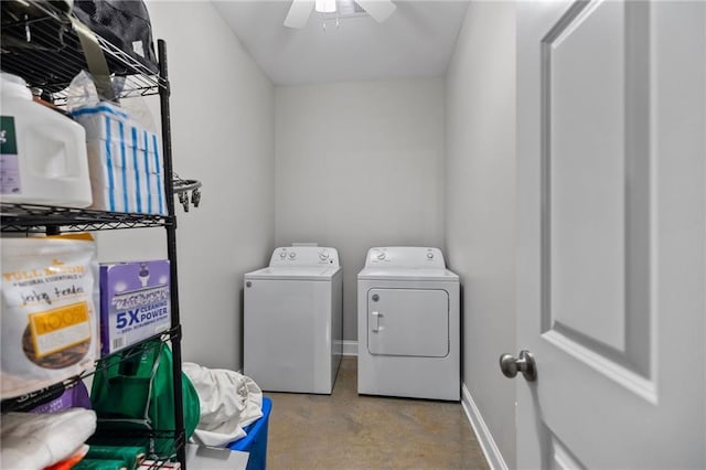 washroom with separate washer and dryer, laundry area, a ceiling fan, and baseboards