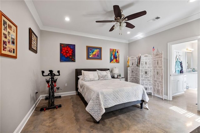 bedroom featuring recessed lighting, baseboards, finished concrete floors, visible vents, and ornamental molding