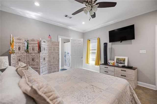 bedroom with ceiling fan, visible vents, crown molding, baseboards, and recessed lighting