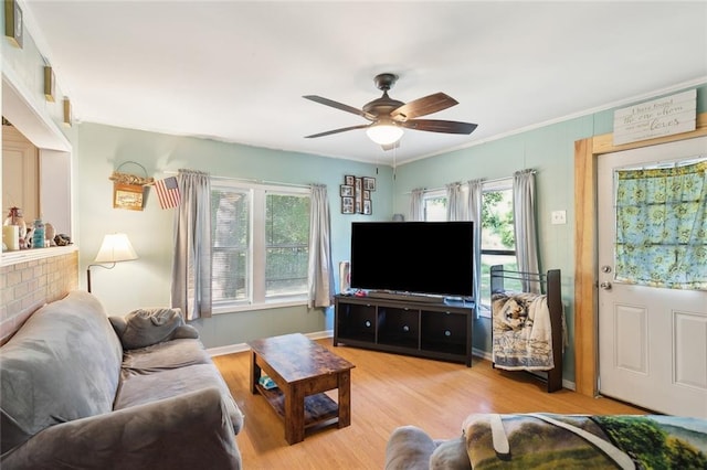 living area featuring crown molding, baseboards, a ceiling fan, and wood finished floors