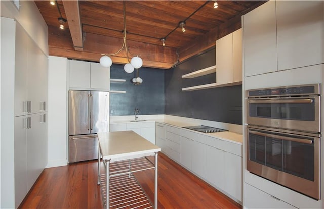 kitchen featuring wood ceiling, modern cabinets, open shelves, and stainless steel appliances