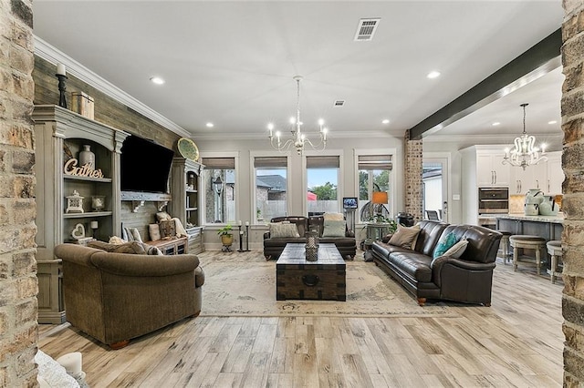 living room with visible vents, ornamental molding, light wood-style floors, recessed lighting, and a notable chandelier