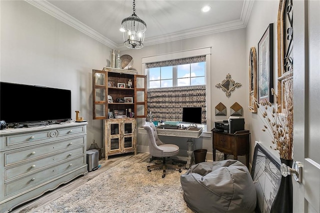office featuring crown molding, a notable chandelier, and wood finished floors