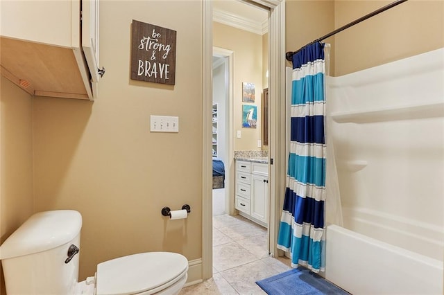 full bathroom featuring tile patterned floors, ornamental molding, toilet, and shower / tub combo with curtain