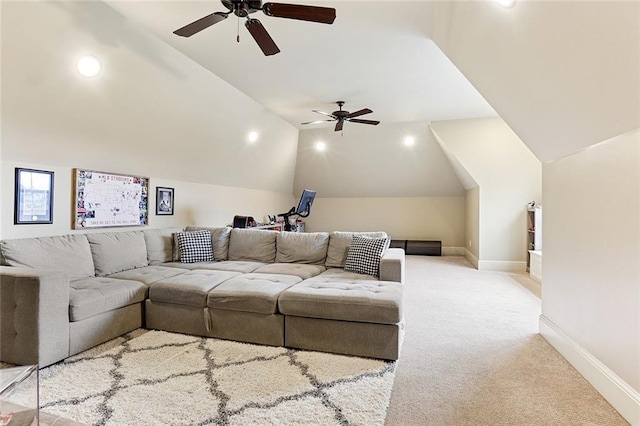 carpeted living area with baseboards, ceiling fan, vaulted ceiling, and recessed lighting